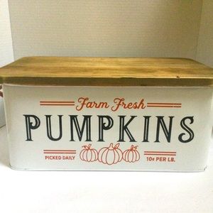 Large Rustic Farmhouse Bin with wood lid and handles “Farm Fresh PUMPKINS”